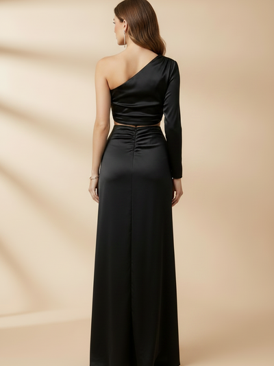 EXCLUSIVES One Shoulder Cutout High Split Maxi Dress in black satin, back view
