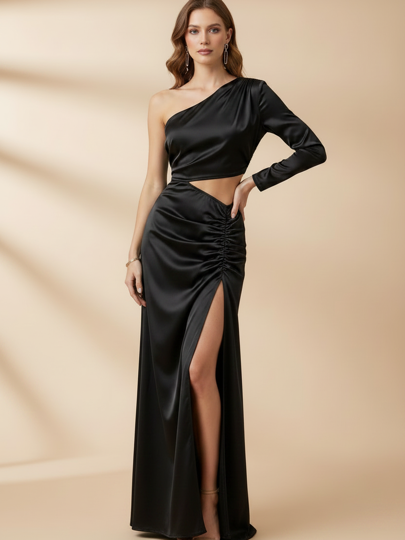 One-shoulder cutout high-split black satin maxi dress by EXCLUSIVES, on sale