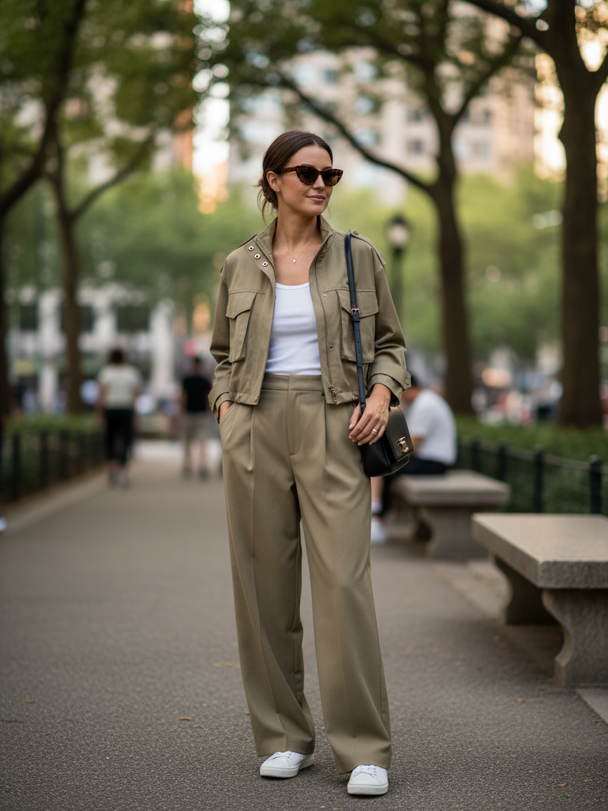 Cropped Jacket With Pocket & Wide Leg Pant Coord Set