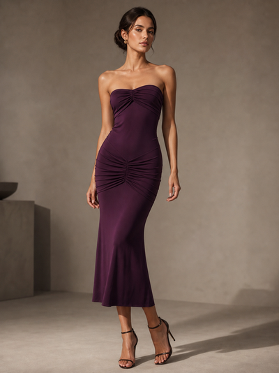Sheath tube-top pleated evening dress in plum, strapless with ruched bust and hips, midi-length