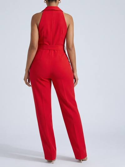 Sleeveless belted collared jumpsuit