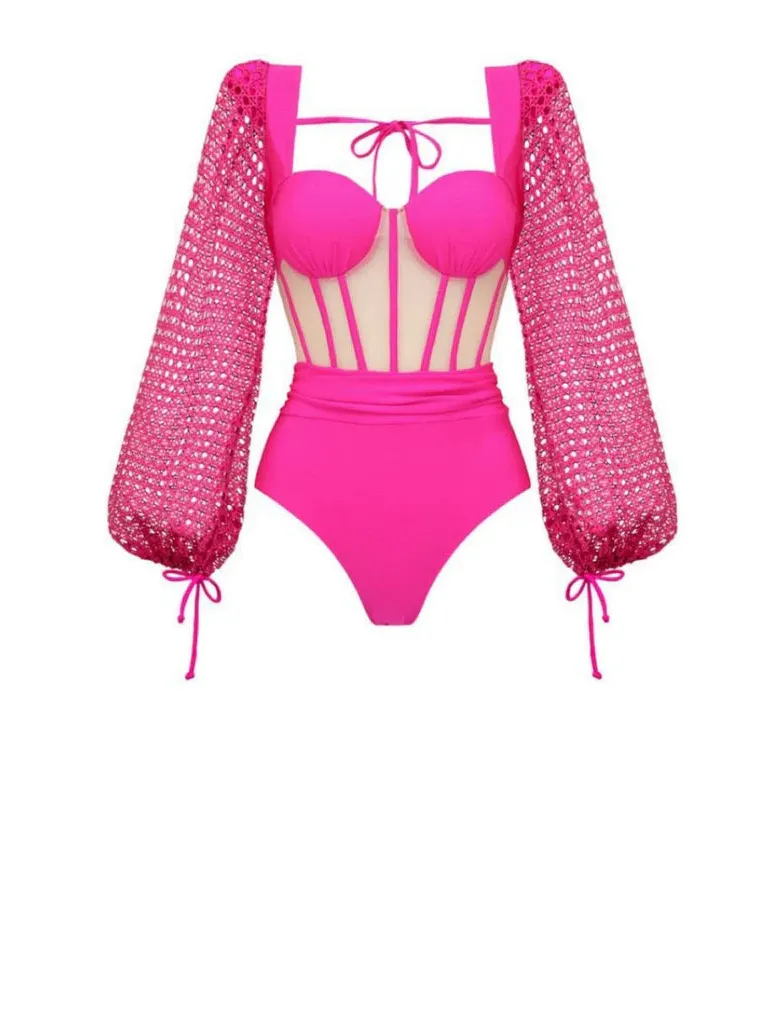 Exclusives Sheer Sleeve Corset Swimsuit and Ruched Maxi Skirt Set in hot pink with sheer mesh sleeves