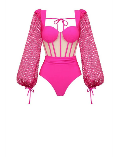 Exclusives Sheer Sleeve Corset Swimsuit and Ruched Maxi Skirt Set in hot pink with sheer mesh sleeves