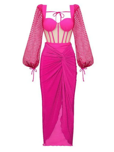 Sheer Sleeve Corset Swimsuit & Ruched Maxi Skirt Set