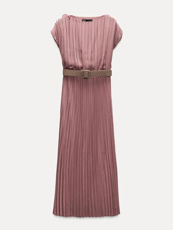 Pleated Midi Dress With Belt
