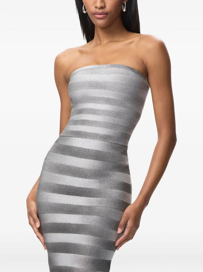 Silver Horizon Strapless Column Dress by Exclusives in silver striped metallic fabric