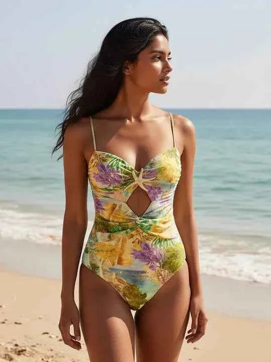 Tropical Print Cut-Out Swimsuit & Maxi Skirt Set