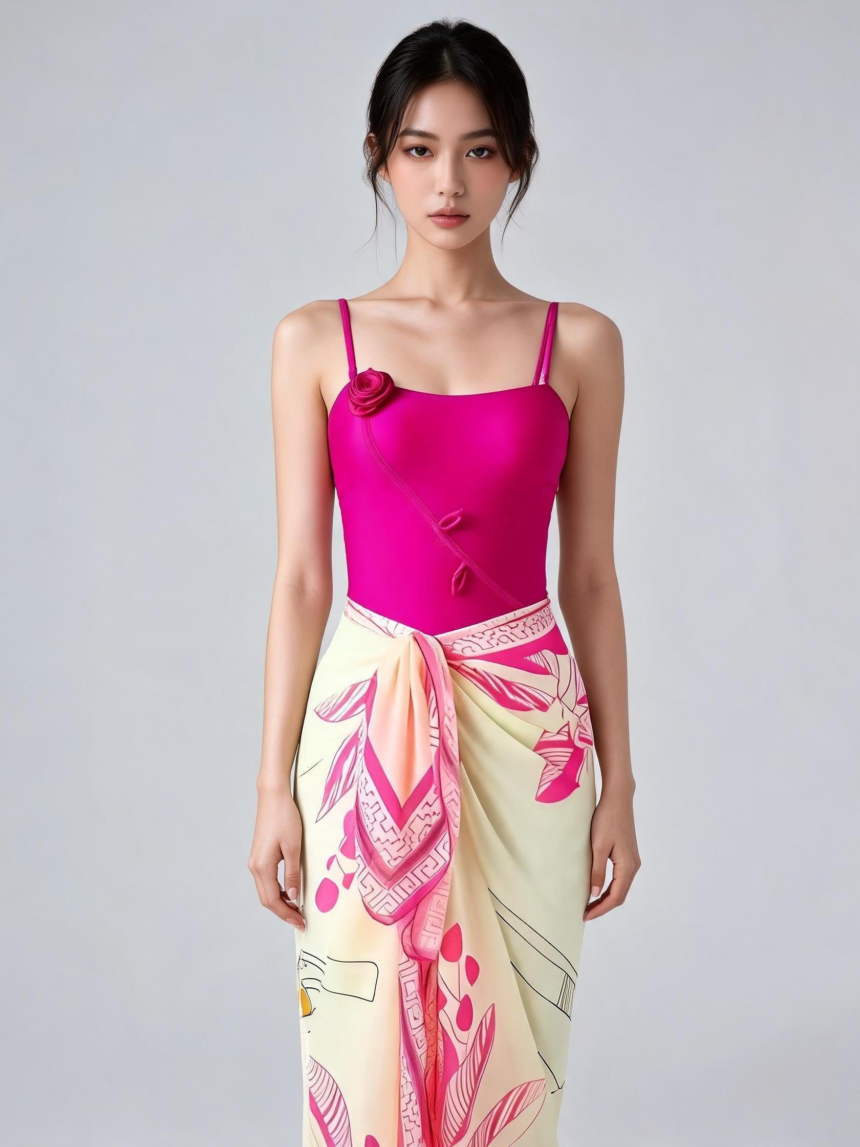 Bikini set: Abstract Applique two-piece with sarong; bright pink top and multicolor printed wrap skirt.