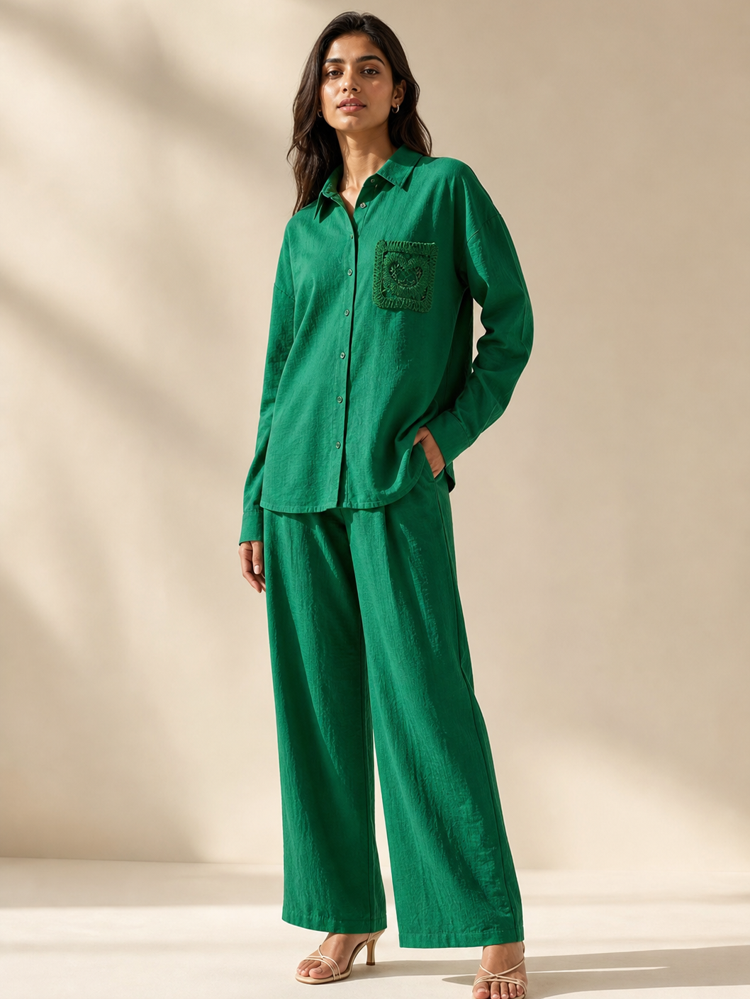 Embroidered Pocket Shirt & Pants Coord Set in green by EXCLUSIVES, a combo set