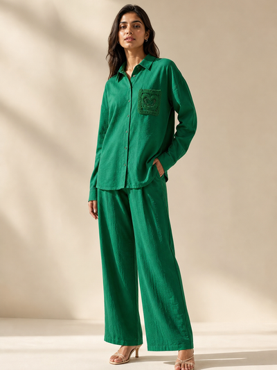 Embroidered Pocket Shirt & Pants Coord Set in green by EXCLUSIVES, a combo set