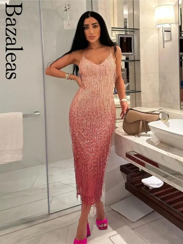 Pink Tie Dye Sequins Tassel Dress