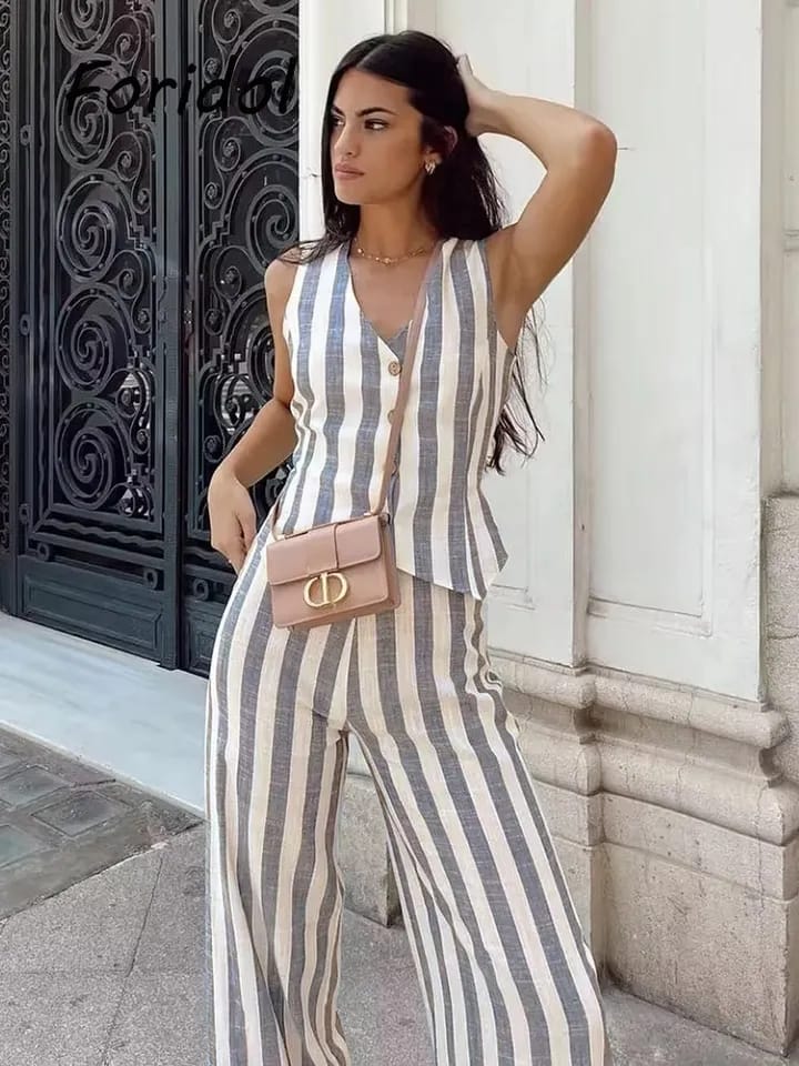 Striped Linen Waist Coat Vest & Pants Coord Set