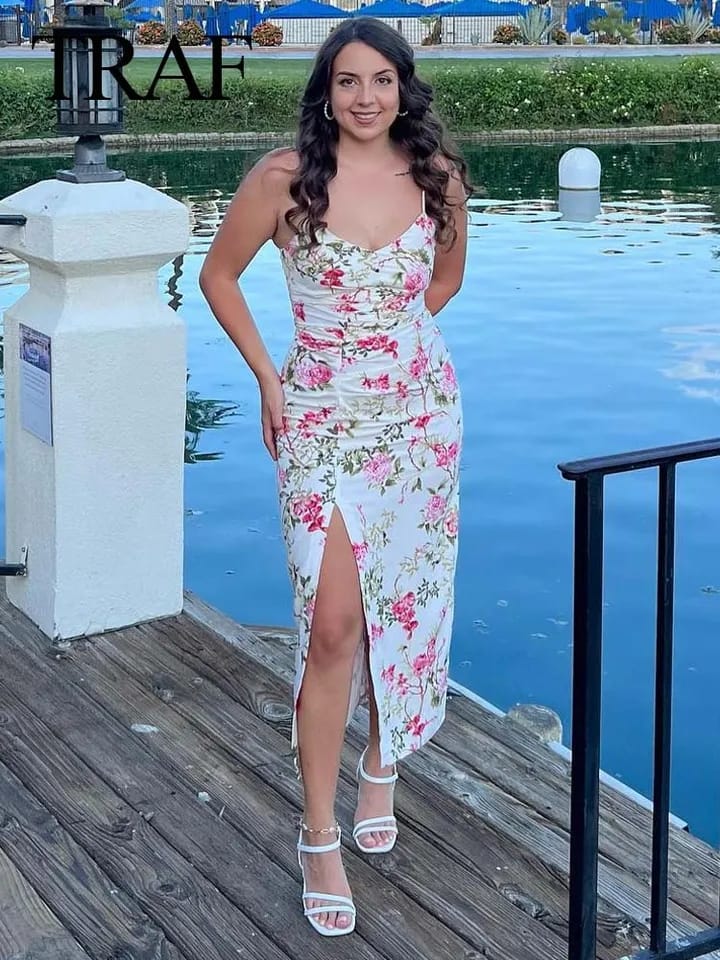 Floral Print Spaghetti Strap Split Dress