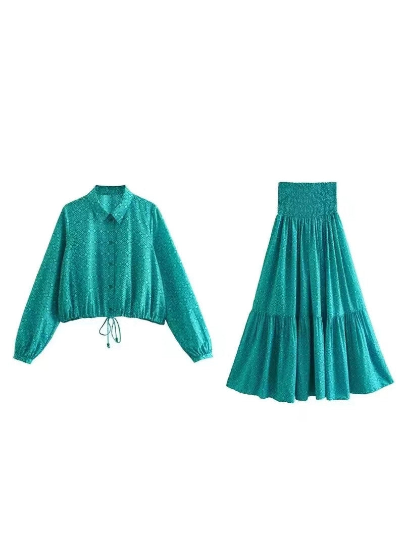 Printed Shirt Top & Elastic Waist Skirt Coord Set