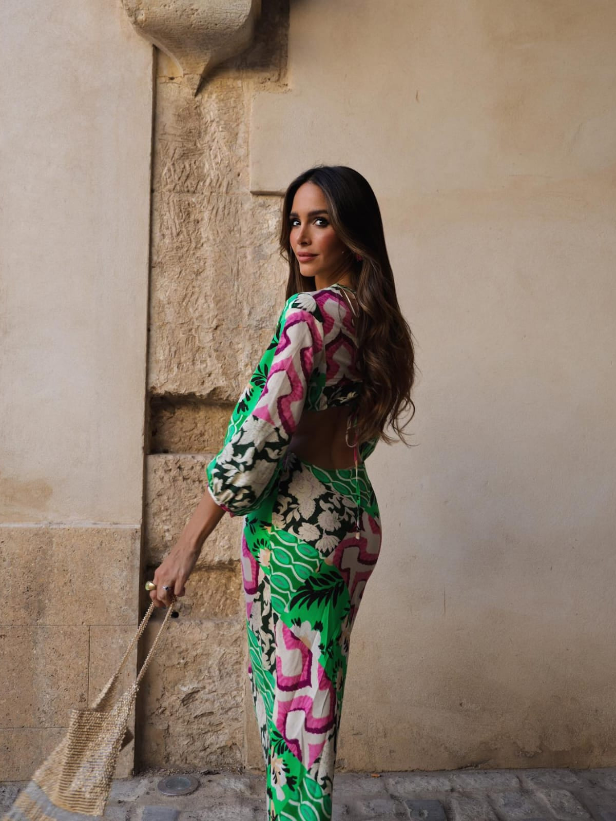 Green Printed Hollow Out Cutout Dress