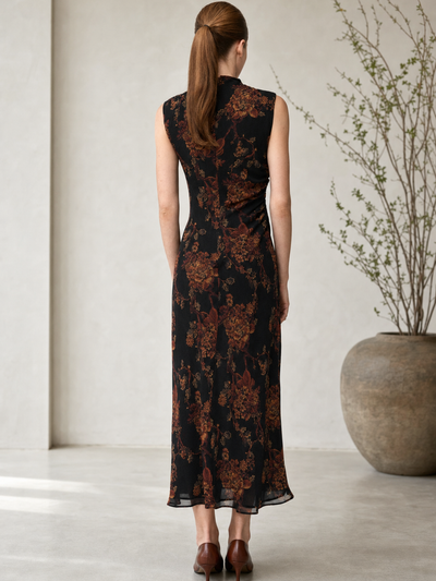 Vintage Floral Satin Maxi Dress by Exclusives in black with rust floral print