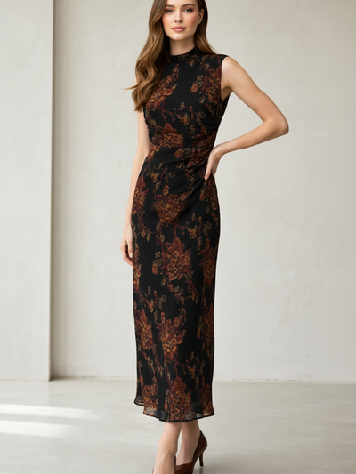 Vintage Floral Satin Maxi Dress by Exclusives, black with red floral print, sleeveless with ruched waist.