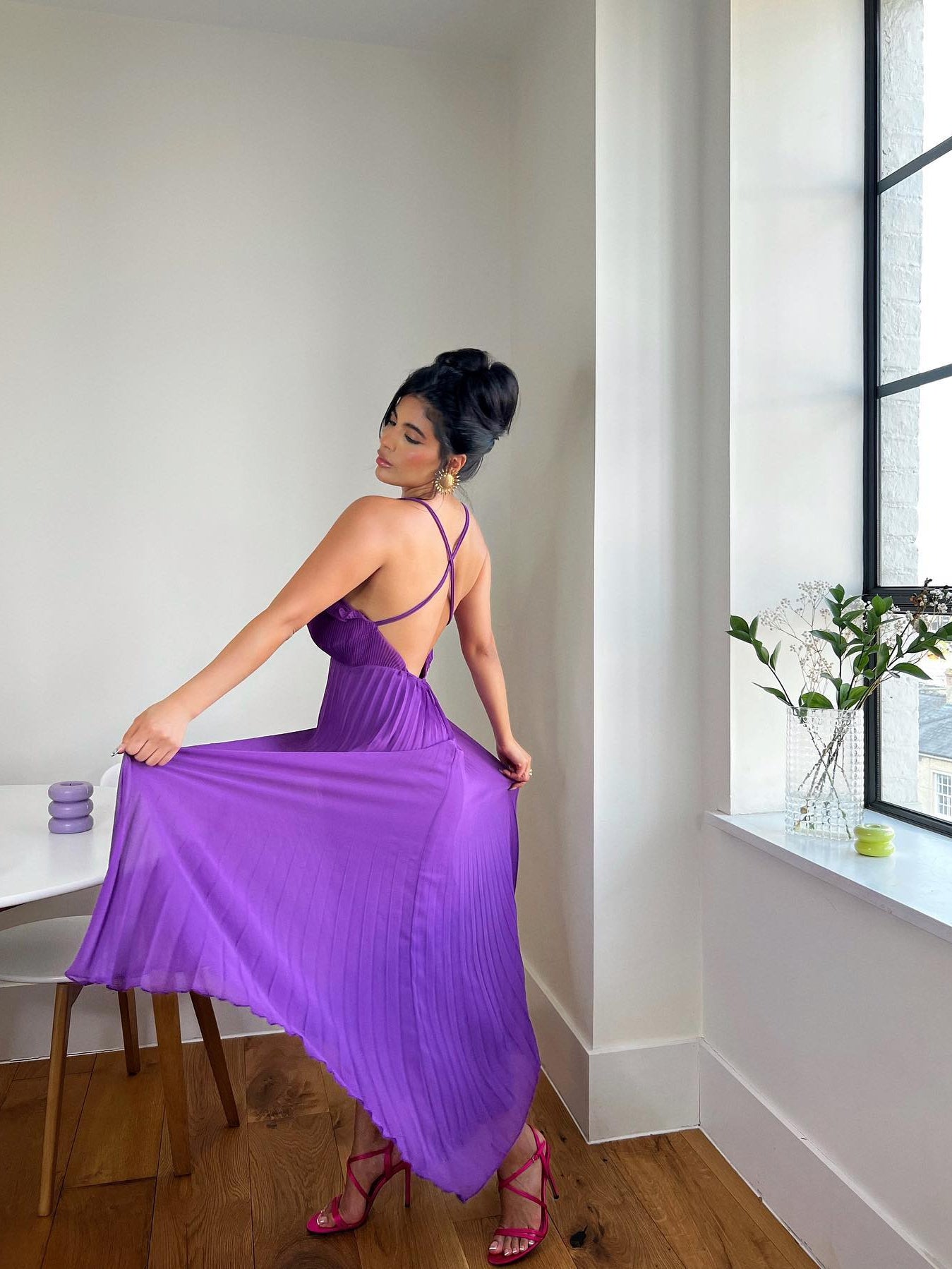 Purple Pleated Spaghetti Strap Ruffle Maxi Dress