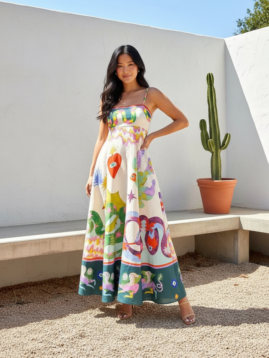 Sundress Snake Evil Eye Print Midi Dress Ivory