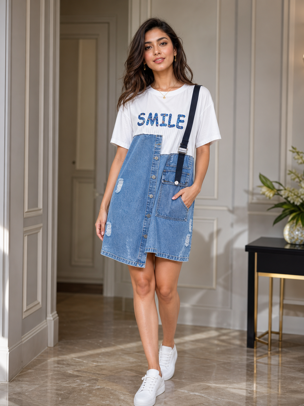 Rhinestone Oversized Denim T Shirt Dress, blue denim with distressed patches