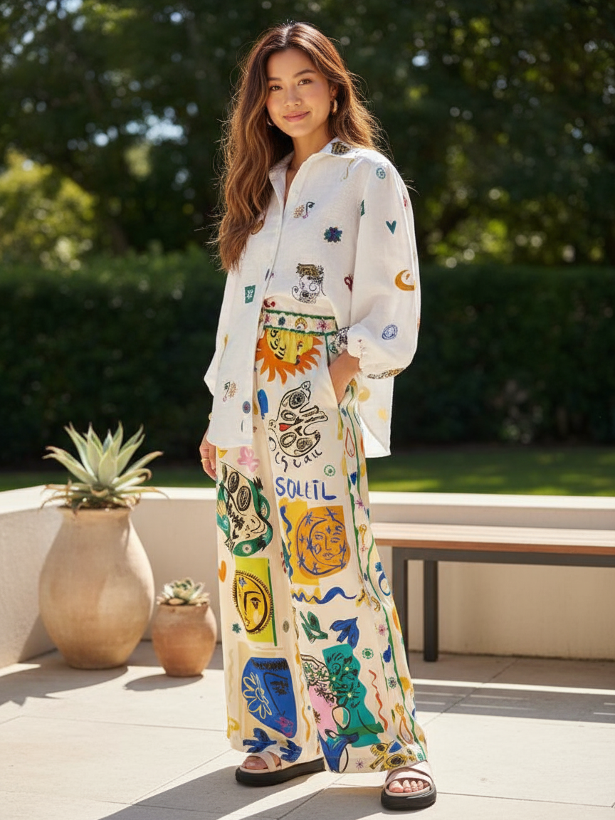 White Abstract Print Satin/ Linen Shirt & Pants Coord Set