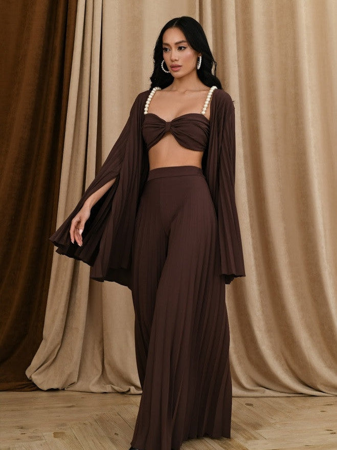 Pearl Koticim Bralette with Cape & Pants 3 Piece Set-Brown