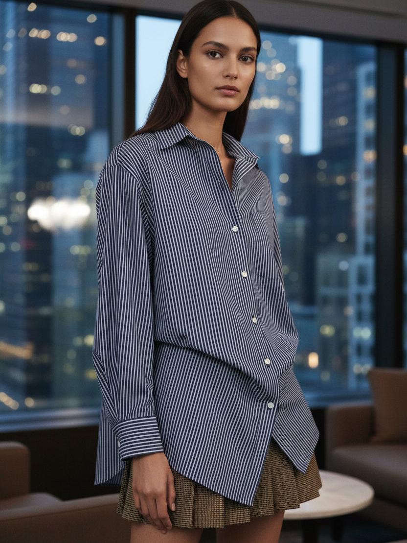 Blue and white vertical striped oversized cotton shirt with white buttons, paired with a brown plaid pleated mini skirt.