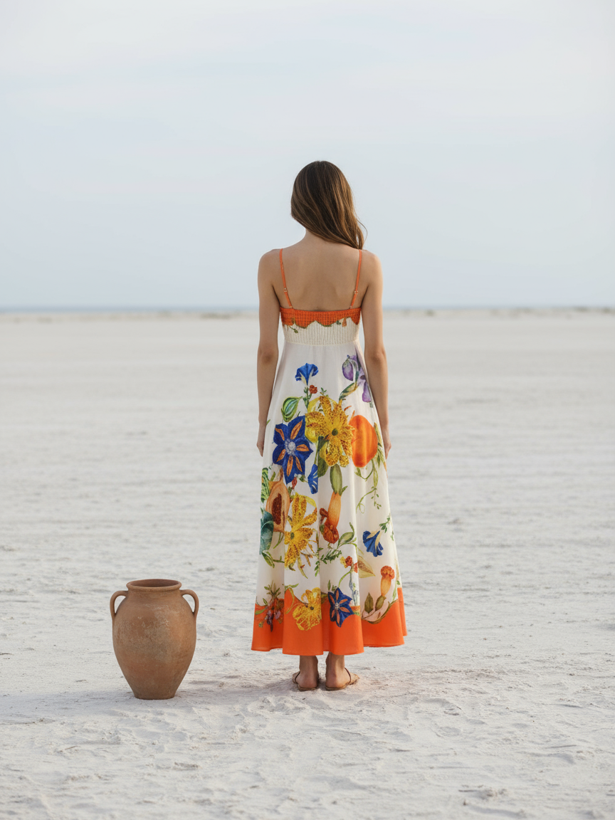 Vintage Print Sundress Midi Dress Ivory