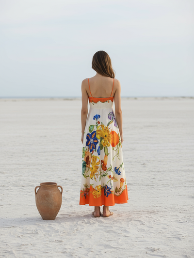 Vintage Print Sundress Midi Dress Ivory