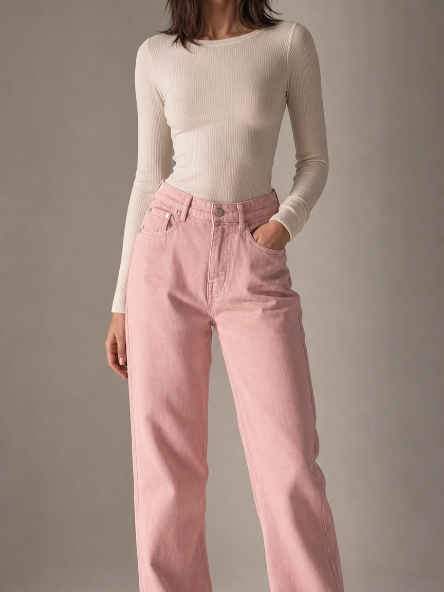Peachish pink high-waist wide-leg denim pants with five-pocket styling by Exclusives.