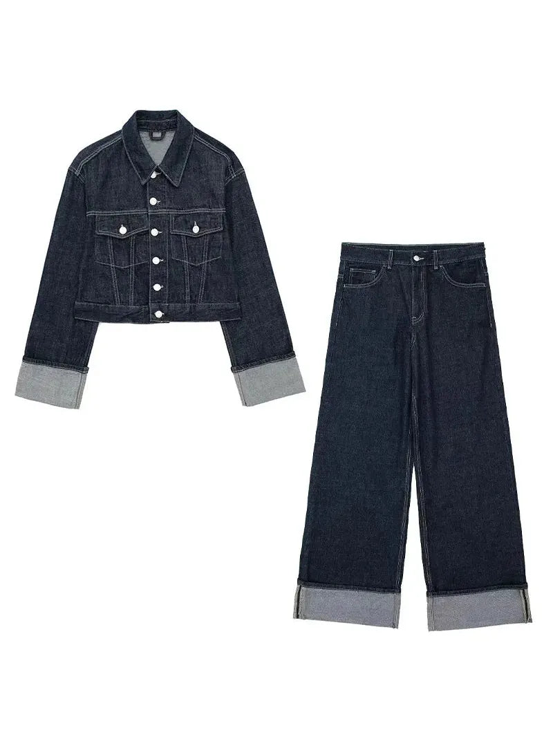 Cropped Denim Jacket & High Waist Denim Pants Coord Set