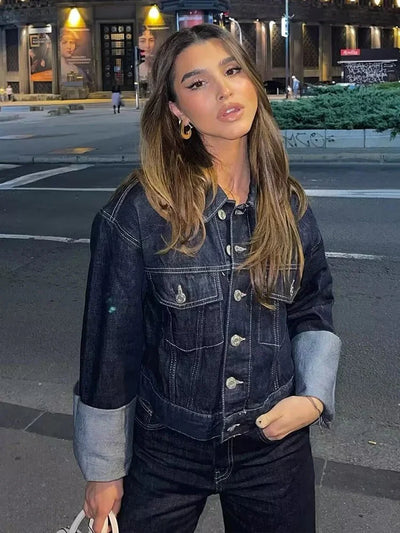 Cropped Denim Jacket & High Waist Denim Pants Coord Set