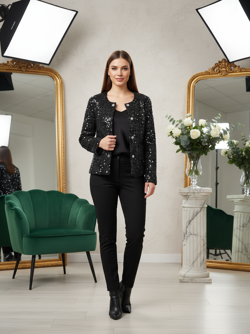 Tweed Rhinestone Button Sequin Blazer Jacket