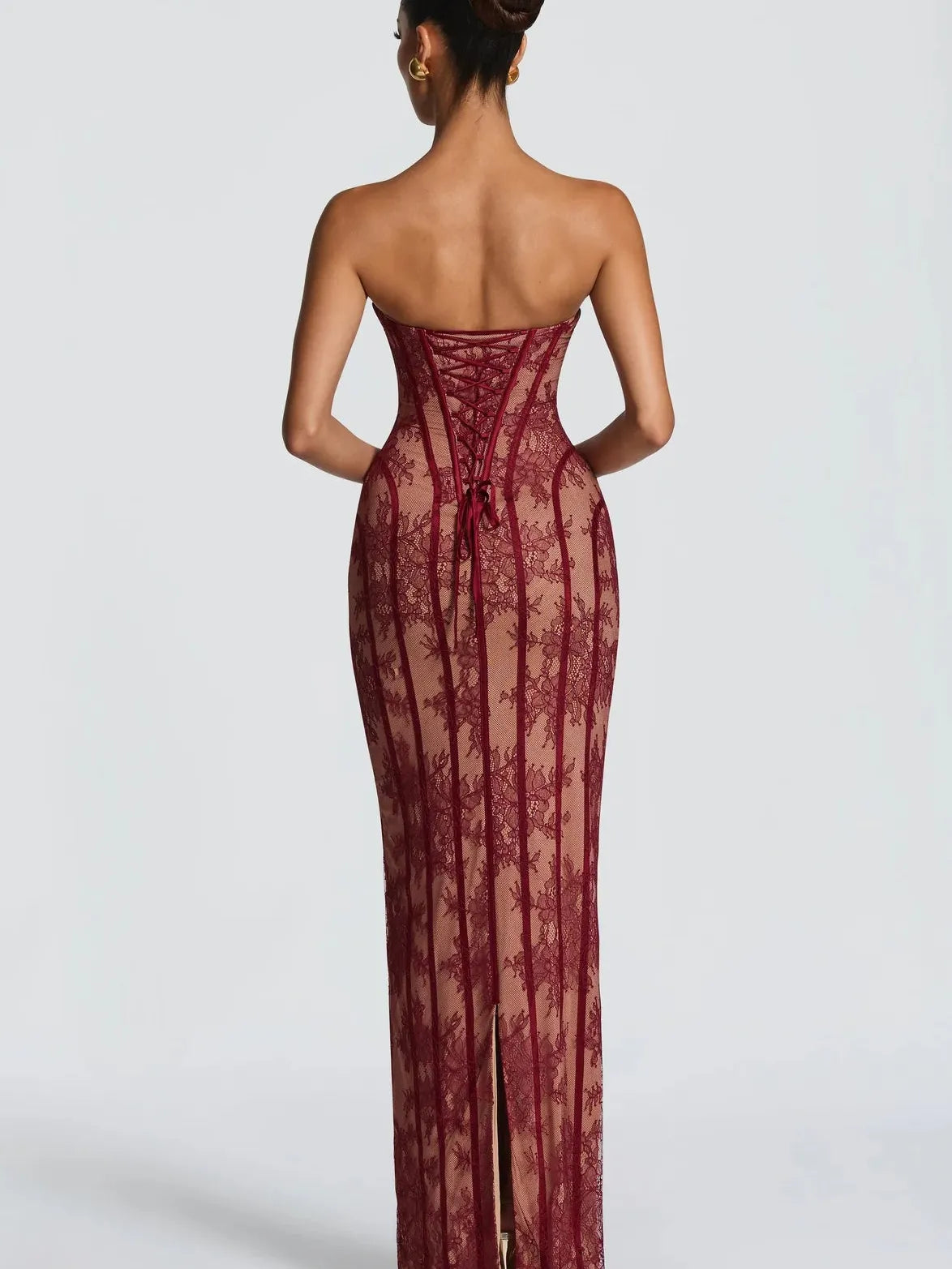 Floral Lace Corset Mermaid Gown by Exclusives, burgundy lace with corset back