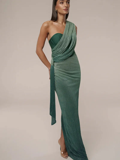 Drape Shimmery Corset Dress, emerald green metallic fabric with one-shoulder drape on sale, floor-length silhouette