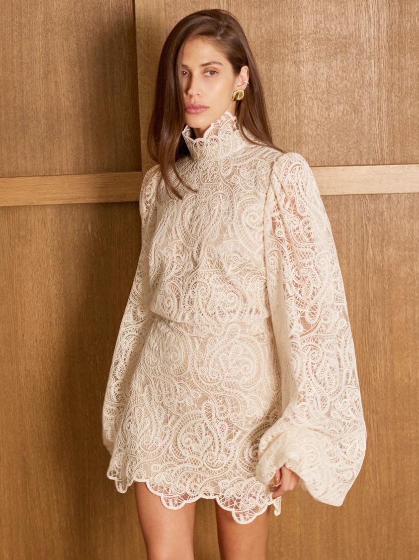 Lantern Sleeve Turtleneck Lace Top & Skirt Coord Set