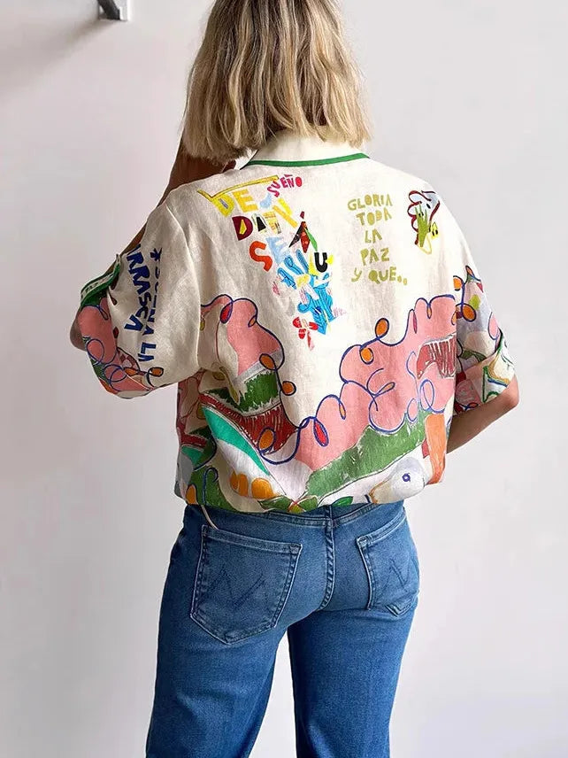 Letter Graphic Print Linen Shirt