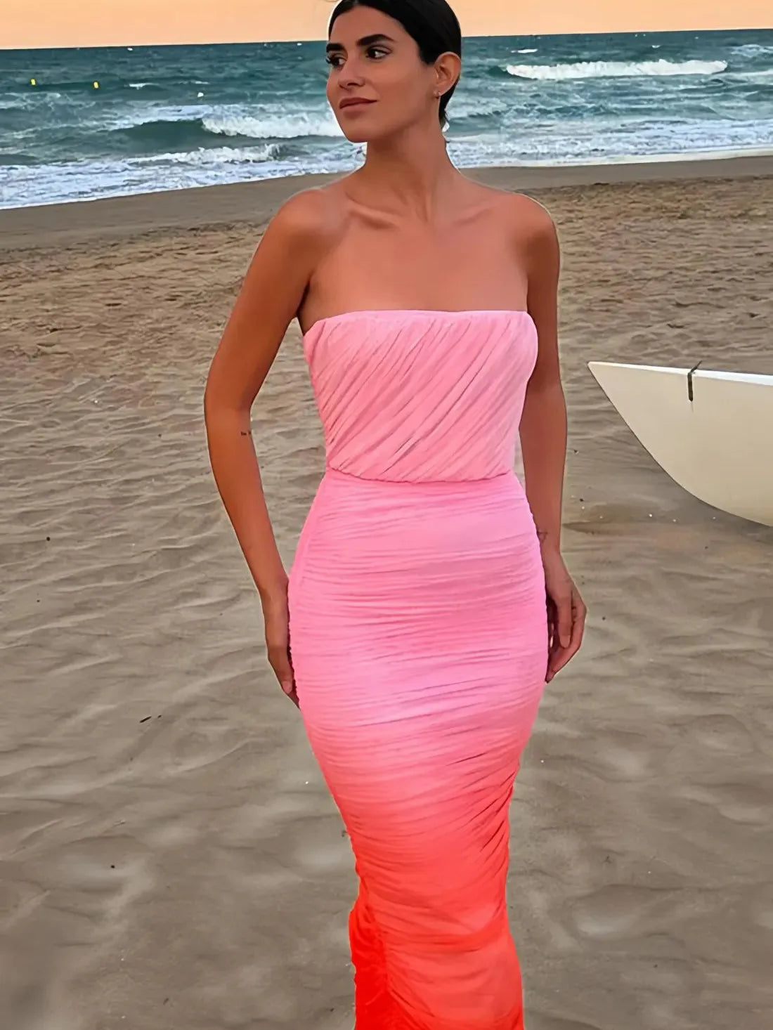 Gradient Tube Strapless Ruched Maxi Dress