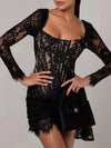 Lace Corset Full Sleeves Ruched Ribbon Short Dress