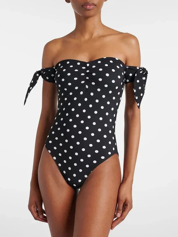 Swimwears polka dot off-shoulder one-piece swimsuit with bow-tied shoulders, black with white dots