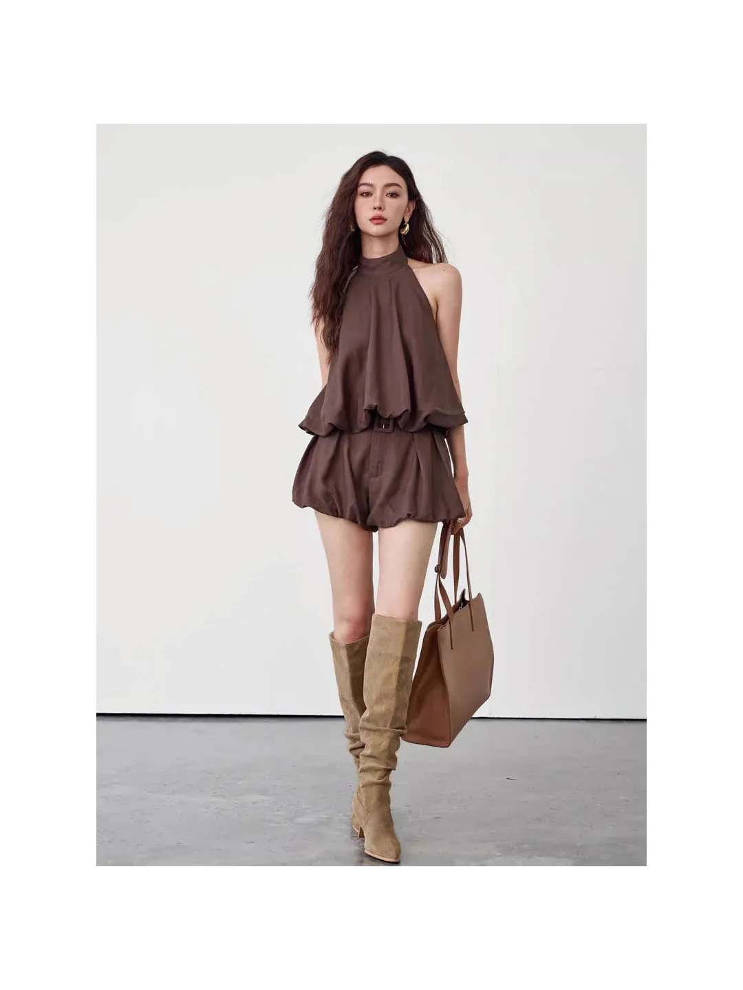 Mocha Muse Belted Halter Coord Set (2-piece) by Exclusives; brown halter top with matching shorts and belt