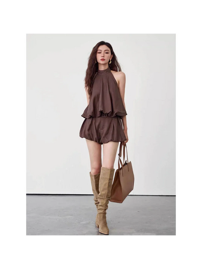 Mocha Muse Belted Halter Coord Set (2-piece) by Exclusives; brown halter top with matching shorts and belt