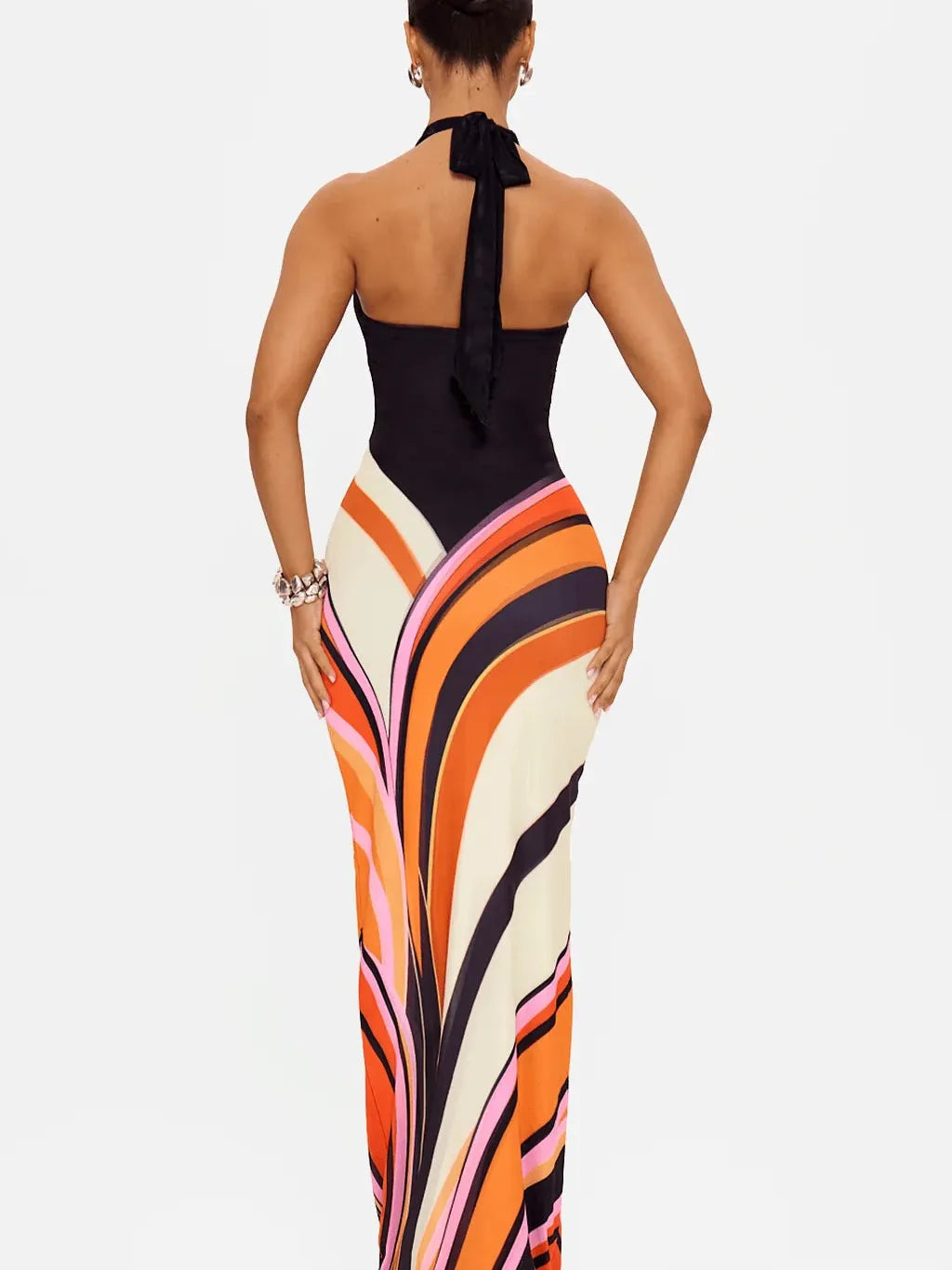 Sunset Wave Maxi Dress by Exclusives, black halter-neck bodice with back tie and colorful abstract swirl skirt