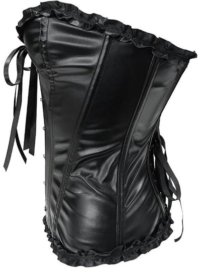 Noir Envy Leather Corset Top, black leather corset with boned panels, ruffle trim and side lacing.