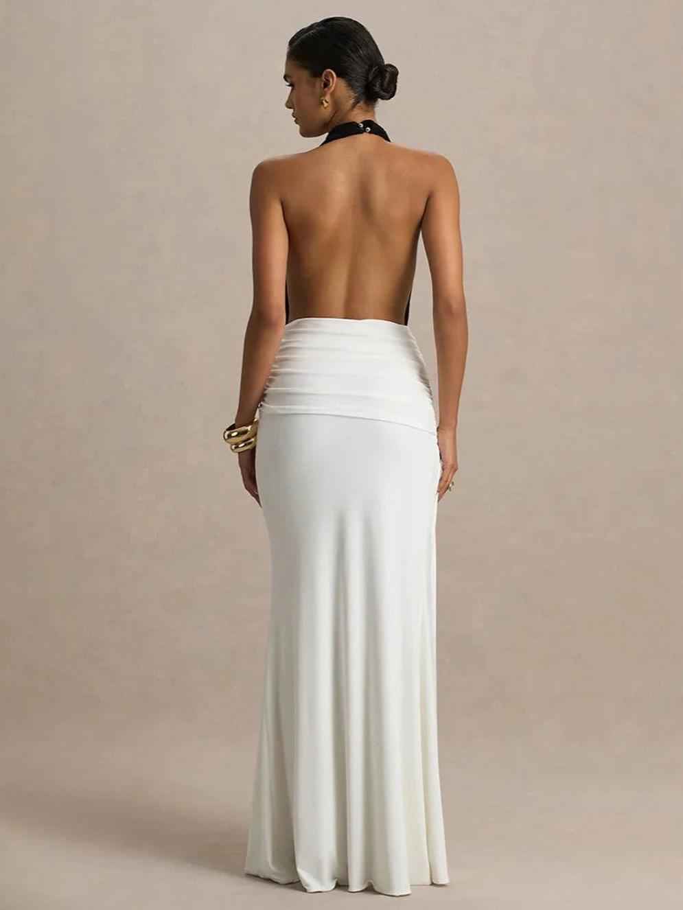 Plunge Halter Ruched Maxi Dress by Exclusives in white; halter neck, backless, floor-length gown