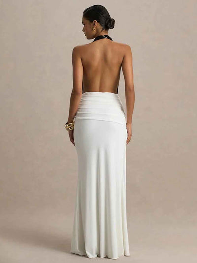 Plunge Halter Ruched Maxi Dress by Exclusives in white; halter neck, backless, floor-length gown