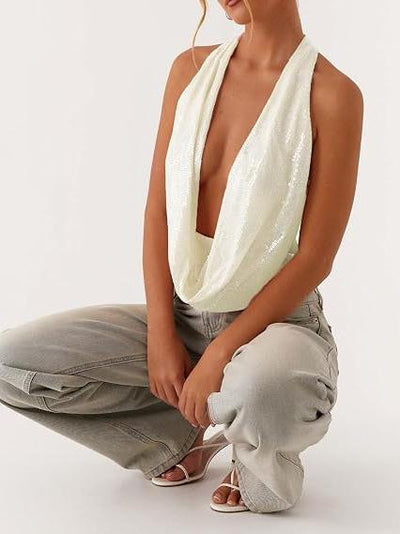 Celeste Sequin Cowl Top, EXCLUSIVES blouse in white sequin fabric with a draped cowl neckline, on sale