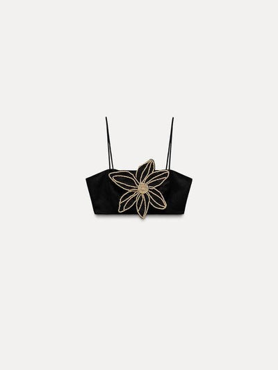 Beaded Flower Applique Spaghetti Strap Crop Top