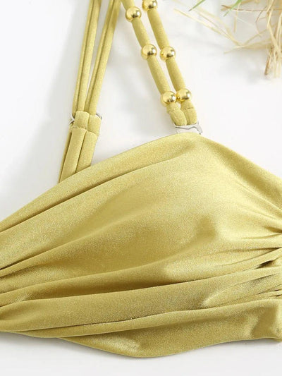 Golden 3 Piece Luxe Swimsuit With Sarong Skirt