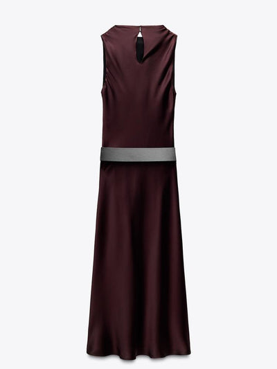 Brown Satin Midi Dress with Belt